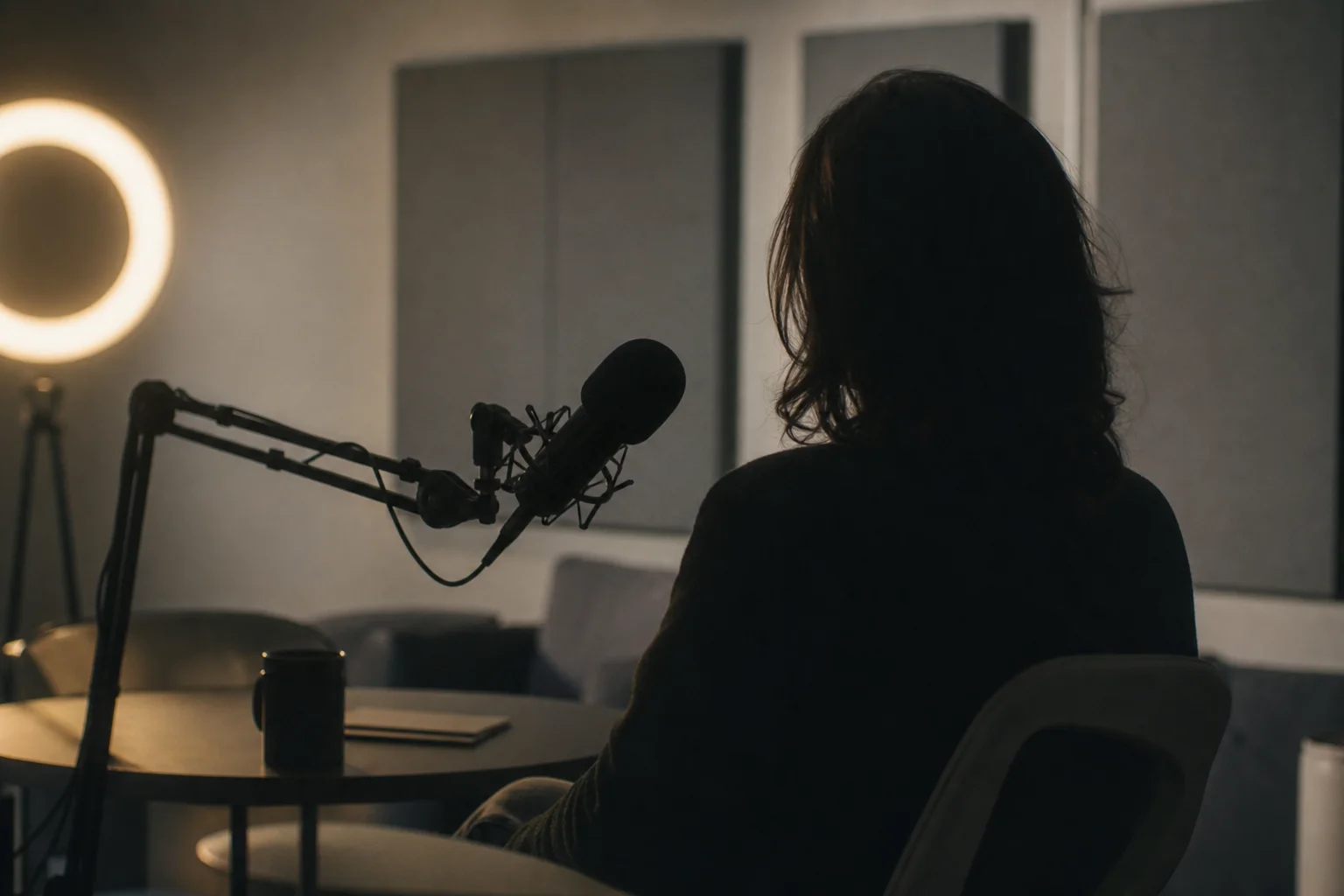 Enregistrement d'un podcast, micro sur pied dans un studio minimaliste