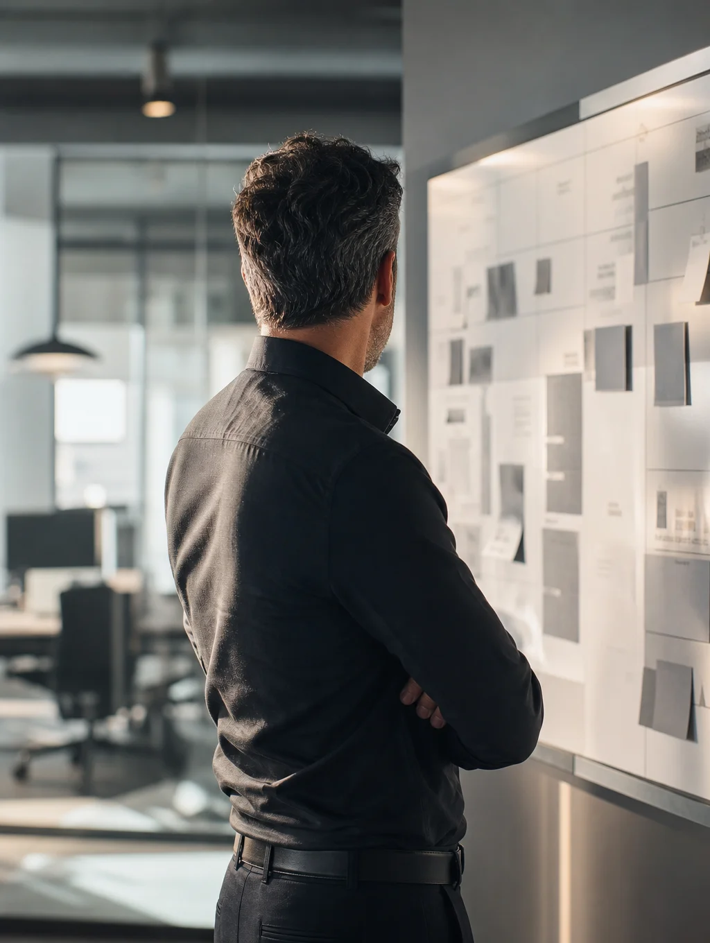 Le dirigeant de l'entreprise accompagnée, de dos devant le tableau de suivi de son équipe
