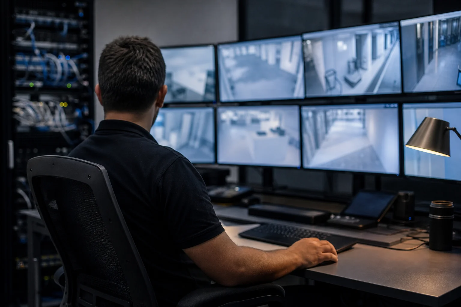 Un technicien vérifie une installation de vidéosurveillance sur un poste de supervision