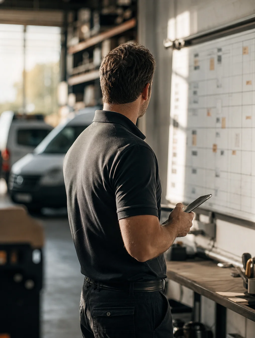 Le responsable d'exploitation de l'entreprise accompagnée, de dos dans un atelier logistique
