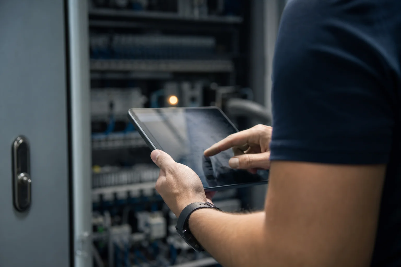 Un technicien saisit un rapport d'intervention sur une tablette devant une armoire électrique industrielle