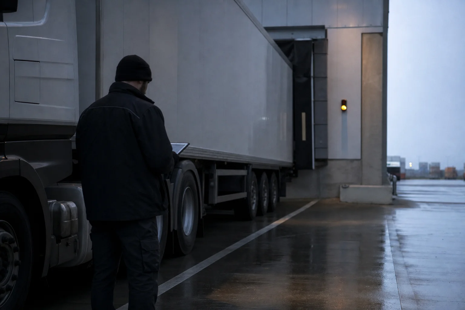 Un responsable logistique consulte une planchette devant des camions sur un quai de chargement