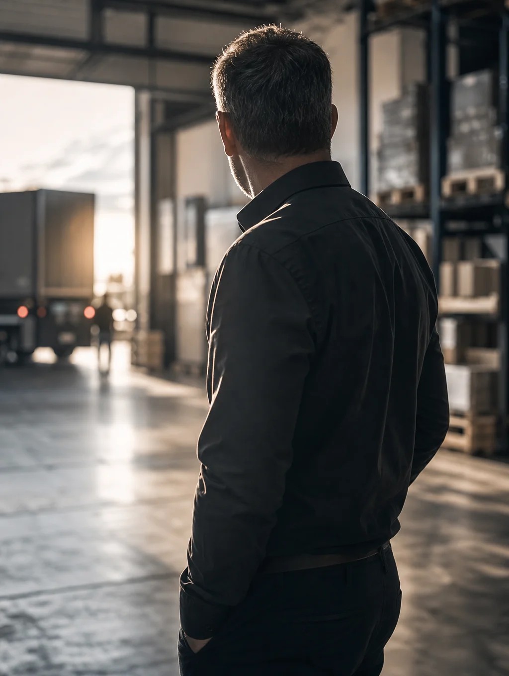 Dirigeant d'une société de transport, de dos dans un entrepôt logistique