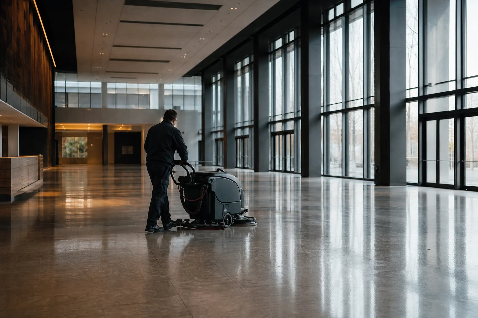 Agent de nettoyage utilisant une autolaveuse dans le hall d'un bâtiment professionnel