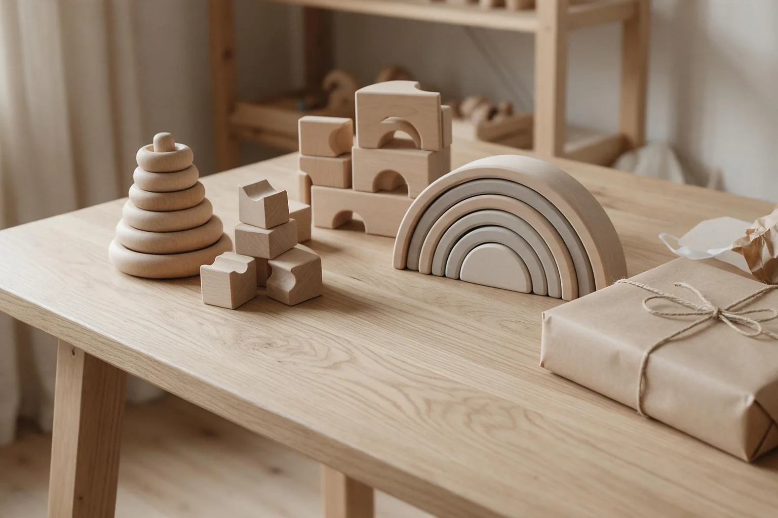 Jouets Montessori en bois posés sur une table claire, à côté d'un colis en papier kraft prêt à expédier