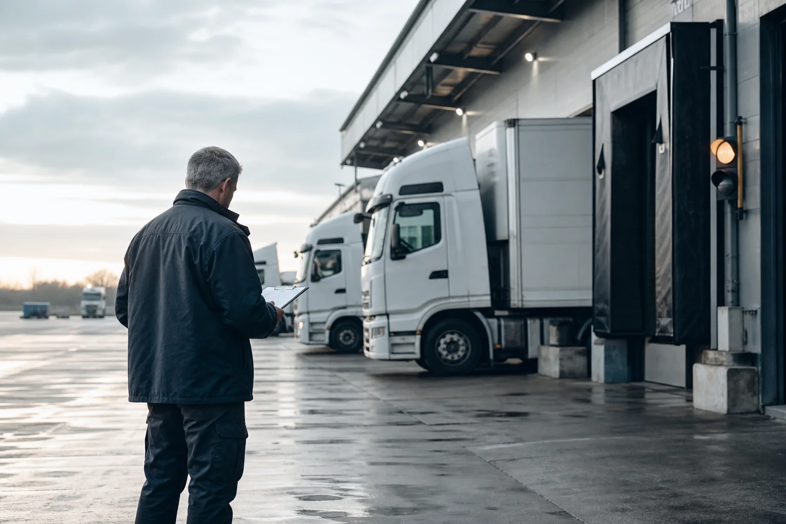 Un responsable logistique consulte un document devant des camions sur un quai de chargement